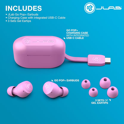 JLab Go Pop+ True Wireless Bluetooth Earbuds & Charging Case - Pink, App Support, Dual Connect, IPX4 Sweat Resistance, Bluetooth 5 Connection, 3 EQ Sound Settings Signature, Balanced, Bass Boost