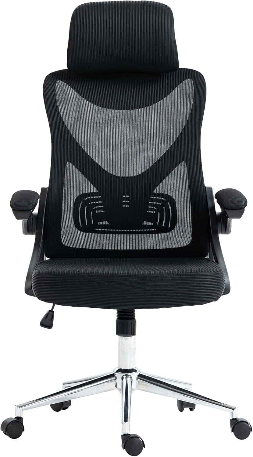 Techni Mobili Essential Ergonomic with Lumbar Support & Adjustable Headrest – Breathable Mesh Flip-Up Armrests, Durable Chrome Base Office Chair, Black