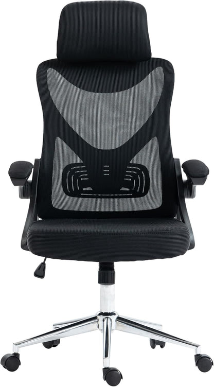 Techni Mobili Essential Ergonomic with Lumbar Support & Adjustable Headrest – Breathable Mesh Flip-Up Armrests, Durable Chrome Base Office Chair, Black