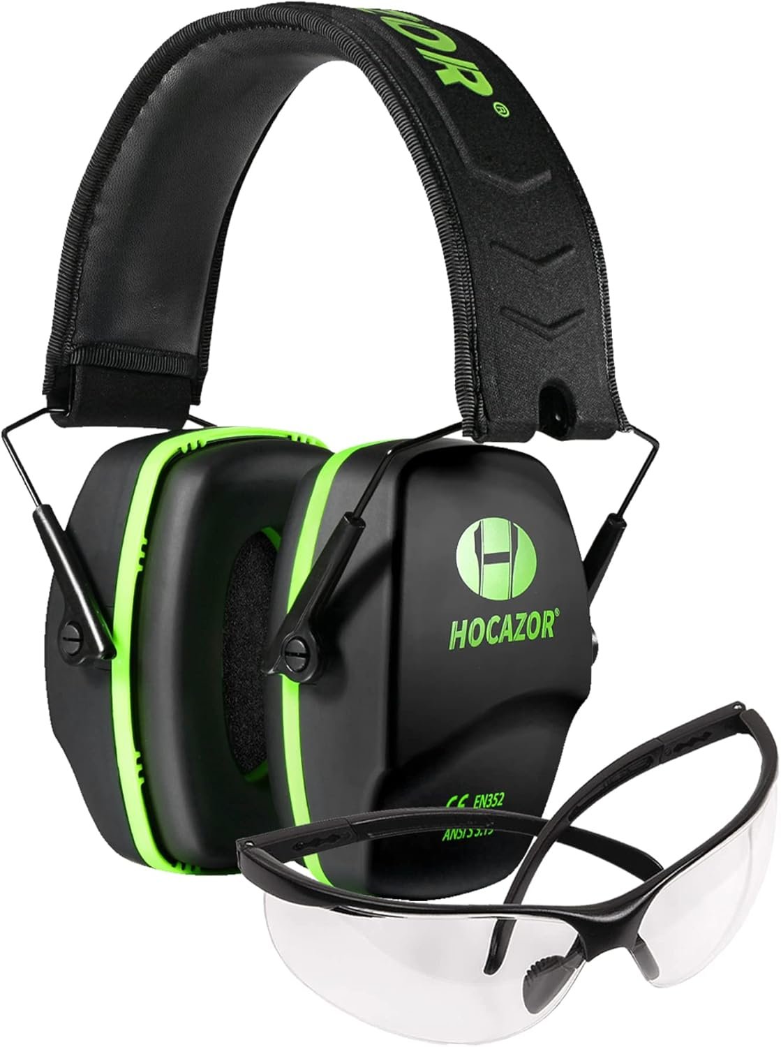 Hocazor Shooting Ear Protection Earmuffs with NRR 26dB, Safety Glasses for Men, Eyes and Ears Belt Clip Holder, HZ03 Perfect for Gun range, Hunting, Mowing-Green