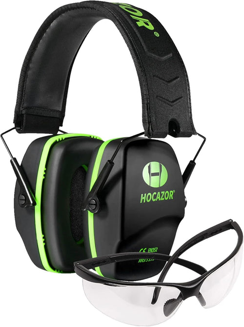 Hocazor Shooting Ear Protection Earmuffs with NRR 26dB, Safety Glasses for Men, Eyes and Ears Belt Clip Holder, HZ03 Perfect for Gun range, Hunting, Mowing-Green