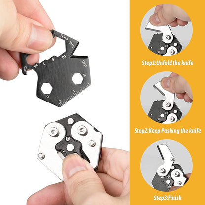 Multitool Card Key Chain - Hexagonal Kit with Micro Screw Driver Set, Allen Wrench, Rope Cutter, Knife, Ruler,Bottle Opener, Mini Folding EDC Tools for Outdoor Survival Camping Hiking Simple Repair