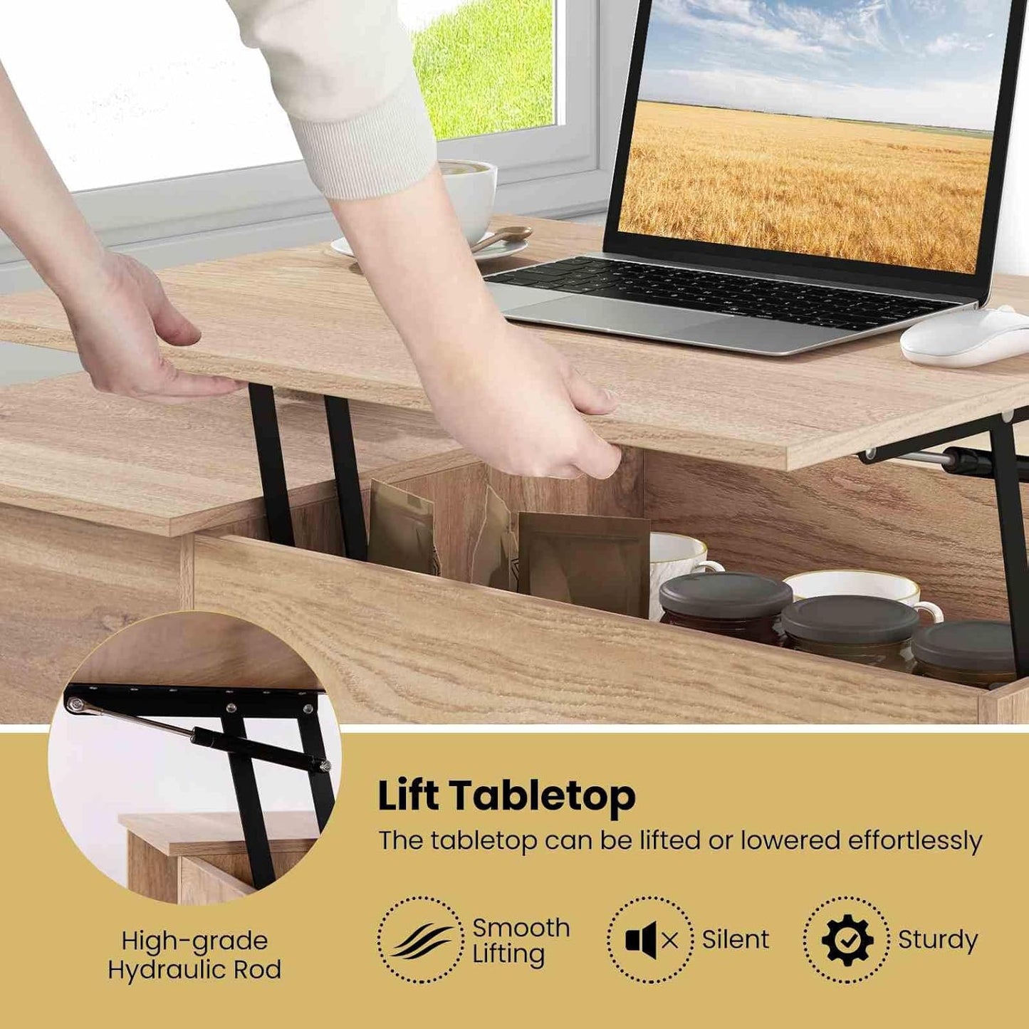 Costway Lift-Top Coffee Table, Flip Top Center Table, Small Coffee Table with Hidden Storage & Open Shelf, Convertible Office Table, Lift Tabletop Dining Table for Living Room (Natural)