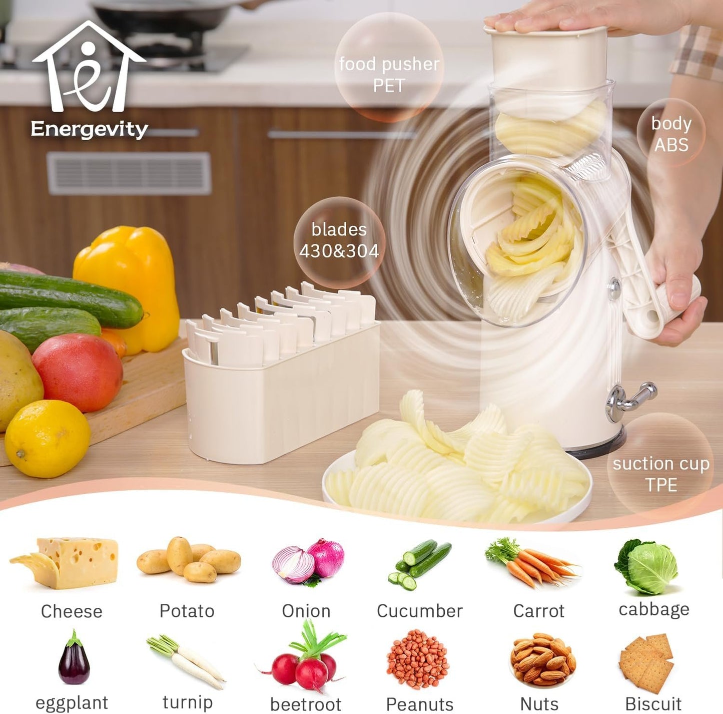 ENERGEVITY Manual Rotary Cheese Grater with Handle, 5 in 1 Replaceable Stainless Blades Cheese Shredder,Strong Suction Base Vegetable Slicer with Cleaning Brush & Bonus Storage Box for Blades (white)