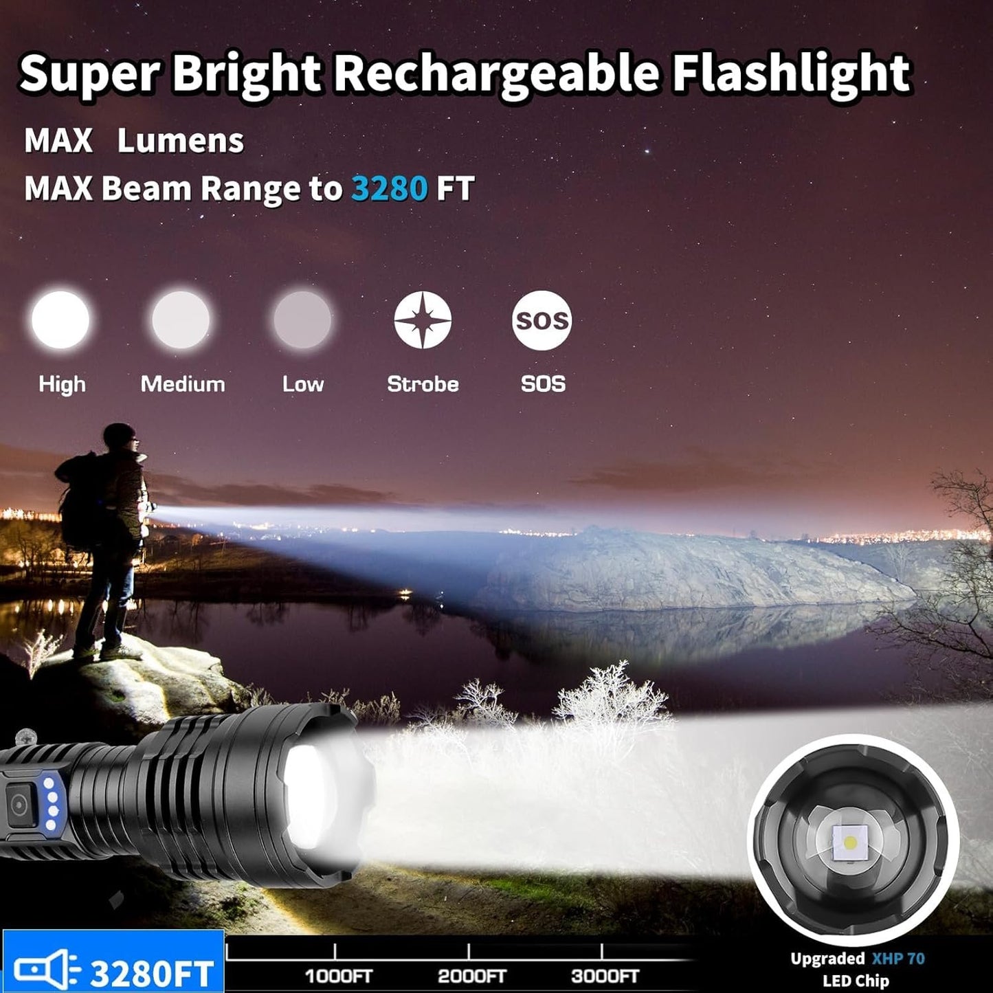 Chasinglee 990,000 Lumens Rechargeable LED Flashlight - Super Bright Tactical Flashlight with Type-C Charging, 5 Modes, IPX5 Waterproof - Ideal for Camping, Hiking, Emergencies