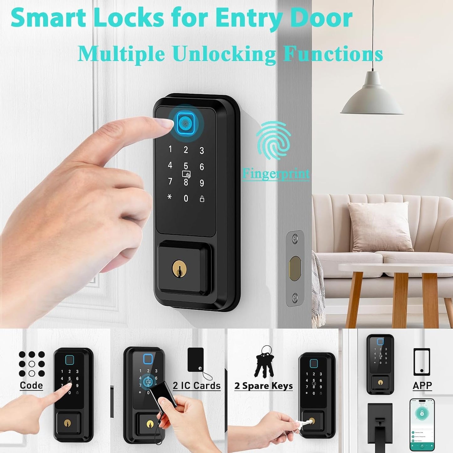 WiFi Front Door Lock Set, Hunnay Keyless Entry Door Lock with Handle, Smart Door Lock with Fingerprint & Digital Keypad, Smart Locks for Entry Door, Bluetooth Enabled with Alexa Voice Control, Black