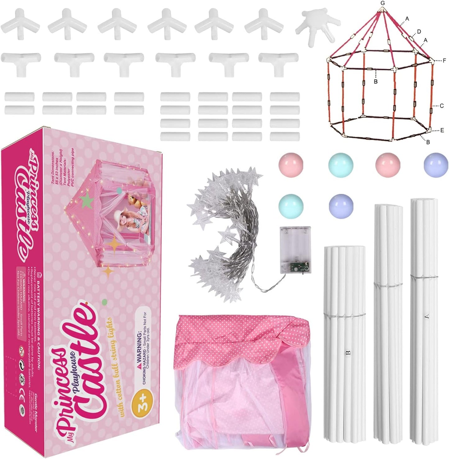 Volscity Princess Tent for Girls,Kids Castle Play Tent with LED Star Lights,Large Playhouse Girl Toy Gifts Age 3+,Indoor and Outdoor Games 55.5"x 53"(DxH) Pink (Pink)