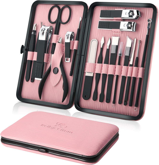 Manicure Set Professional Nail Clippers Kit Pedicure Care Tools- Stainless Steel Women Grooming Kit 18Pcs for Travel or Home Pink