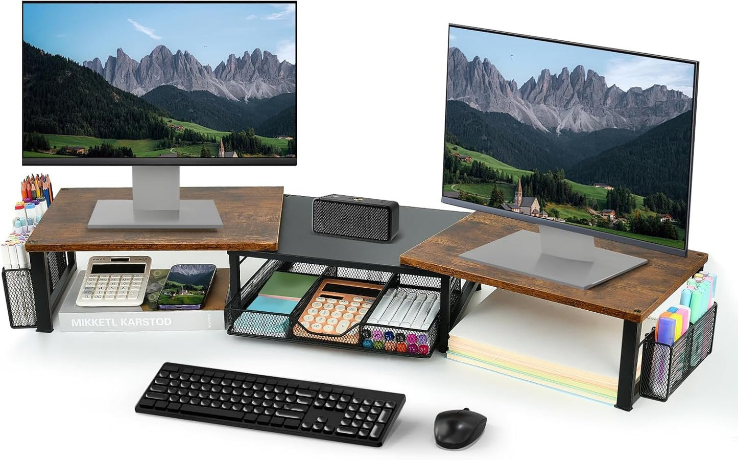 OPNICE Desk Dual Monitor Stand Riser - Desk Organizer with Drawer and Pen Holders, Office Desk Accessories & Workspace Organizers, Office Organization Computer Monitor Stand for Laptop, Printer, TV,