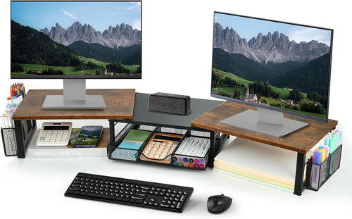 OPNICE Desk Dual Monitor Stand Riser - Desk Organizer with Drawer and Pen Holders, Office Desk Accessories & Workspace Organizers, Office Organization Computer Monitor Stand for Laptop, Printer, TV,