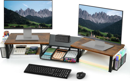 OPNICE Desk Dual Monitor Stand Riser - Desk Organizer with Drawer and Pen Holders, Office Desk Accessories & Workspace Organizers, Office Organization Computer Monitor Stand for Laptop, Printer, TV,