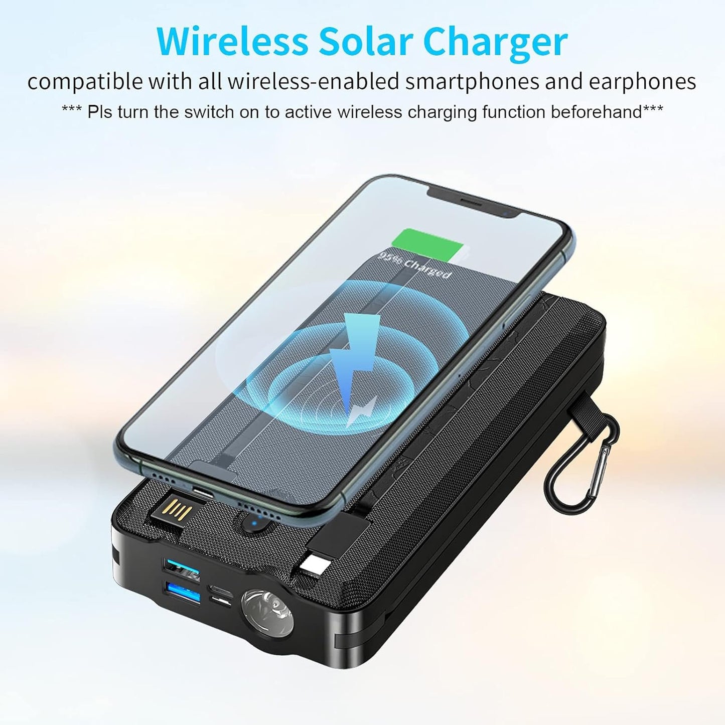 Solar Portable Power Bank Charge 6 phones at the Same Time 30000mAh Solar Charger With 4 wires and Wireless Charging Function LED Camping Lights External Battery Pack Outdoor Camping Equipment (Black)