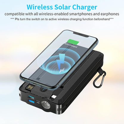 Solar Portable Power Bank Charge 6 phones at the Same Time 30000mAh Solar Charger With 4 wires and Wireless Charging Function LED Camping Lights External Battery Pack Outdoor Camping Equipment (Black)