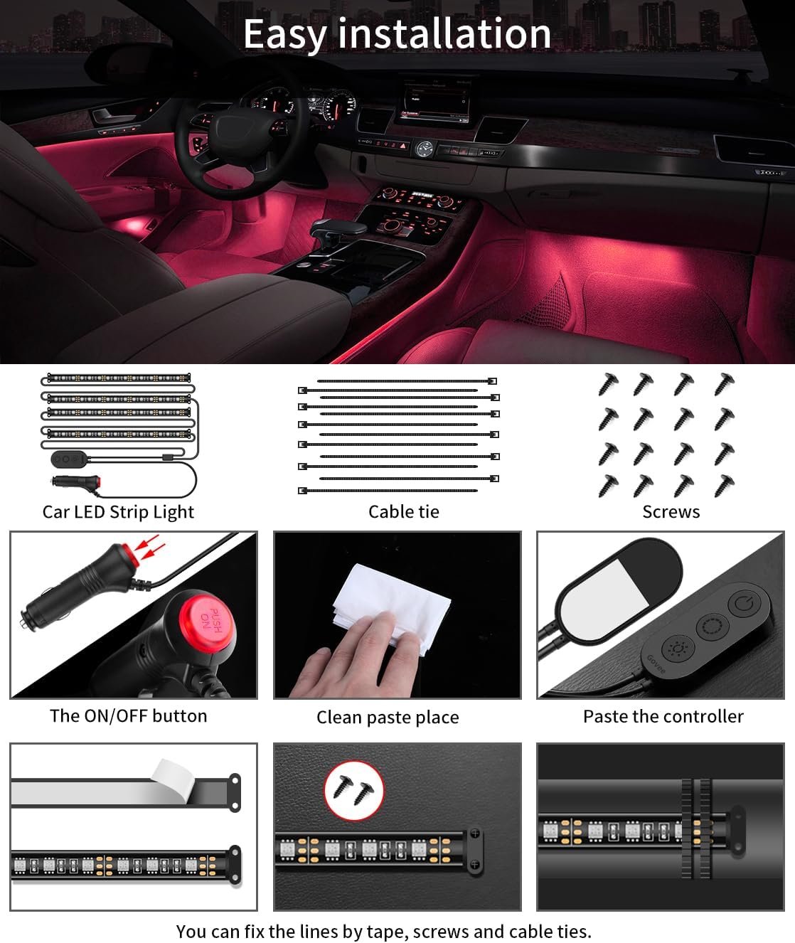 Govee Interior Lights for Car, App Control Smart Car Lights with DIY Mode and Music Mode, Waterproof LED Interior Lights with 2 Lines Design, RGB Under Dash Car LED Lights with Car Charger, DC 12V