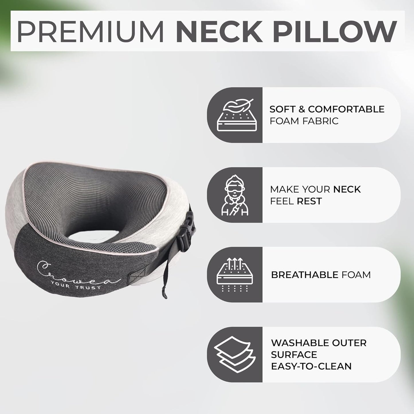 Crowea Neck Pillow - 100% Pure Memory Foam Neck Travel Pillow with 360 Degree Comfortable & Breathable Head and Neck Support, Includes Updated Luxury Bag & Earplugs for Airplane, Car (Black & Grey)