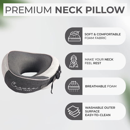 Crowea Neck Pillow - 100% Pure Memory Foam Neck Travel Pillow with 360 Degree Comfortable & Breathable Head and Neck Support, Includes Updated Luxury Bag & Earplugs for Airplane, Car (Black & Grey)