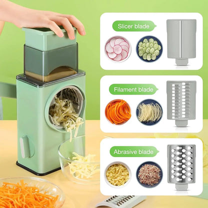 Rotary Cheese Grater with Handle - Vegetable Shredder with 3 Well-Designed Blades & Strong Suction Base, Round Mandoline Slicer & Multifunctional Food Vegetable Cutter Potato Slicer for Kitchen