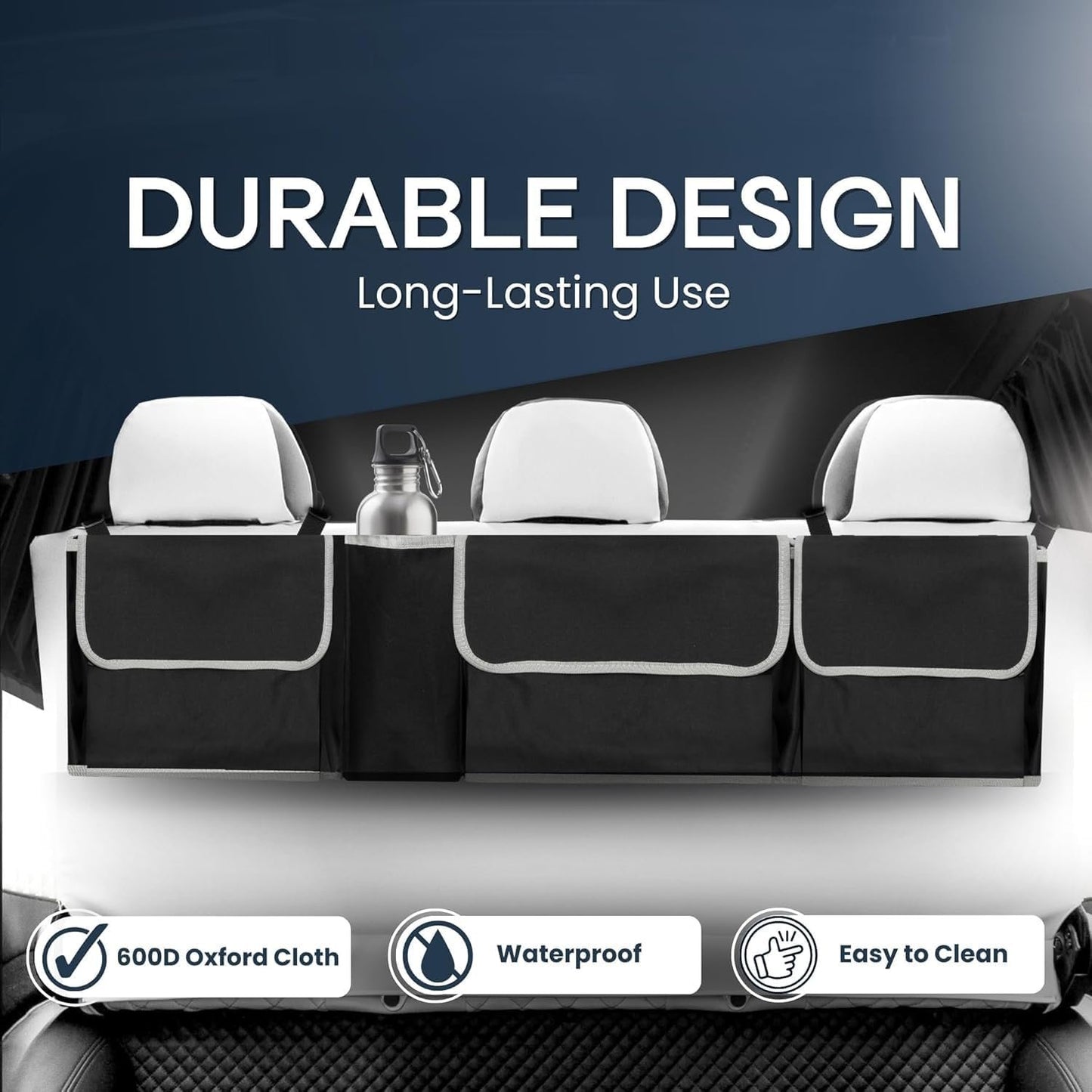 HENWUBEI Backseat Trunk Organizer - Car Hanging Organizer Foldable Seat Back Cargo Storage Space Saving Bag with Adjustable Straps Large Pockets Durable Cover for SUV Van MPV Most Vehicles Black