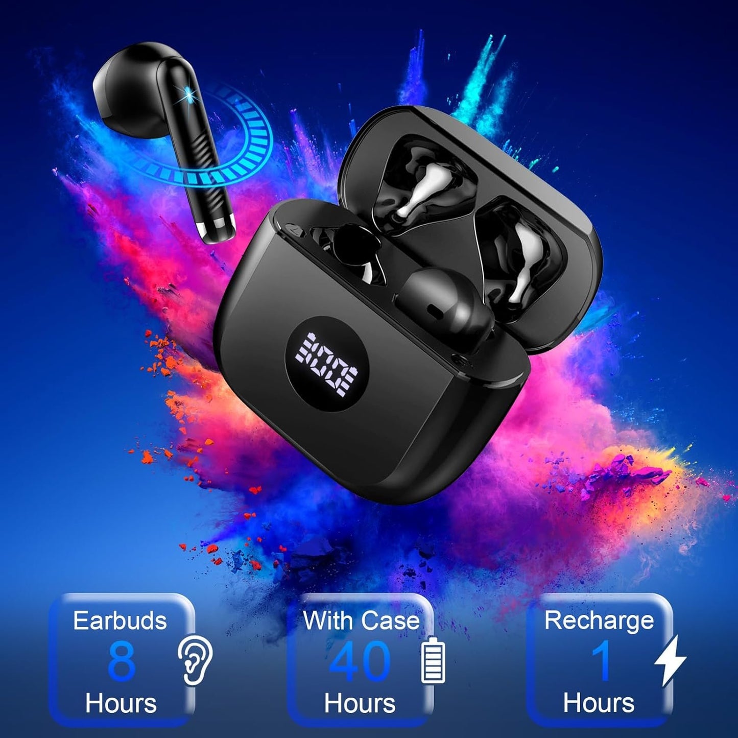 Wireless Earbuds, Bluetooth 5.4 Headphones HiFi Stereo, Wireless Earphones with 4 ENC Noise Cancelling Mics, 40H Playtime Ear Buds with LED Display, IP7 Waterproof Bluetooth Earbuds USB-C Charge