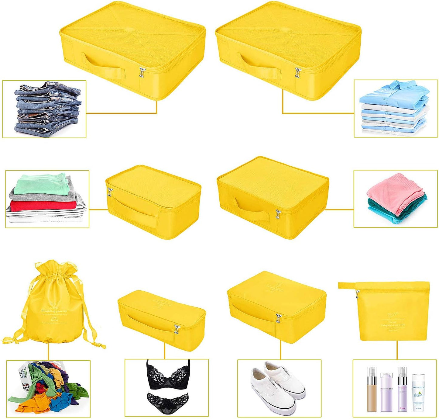 Suitcase Organizer 8 Pieces Latest Travel Design Travel Organizers Include Waterproof Storage Bag Shoe Compression Bags for Travel, yellow
