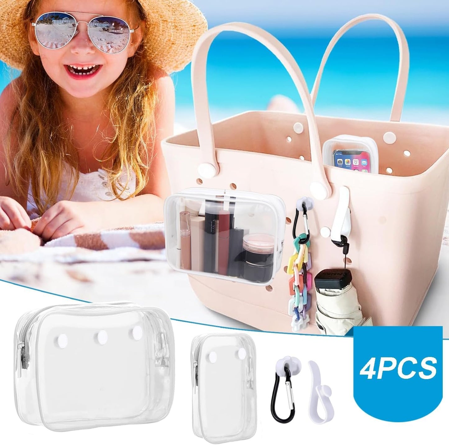 Everfunny 3 Packs Clear Bogg Beach Tote Bag with 2 Pack Insert Hooks Accessories for Bogg Bags Travel Makeup Clean Toiletry Brush Organizer Cosmetic Divider Storage Inner Pouch, White set of 2