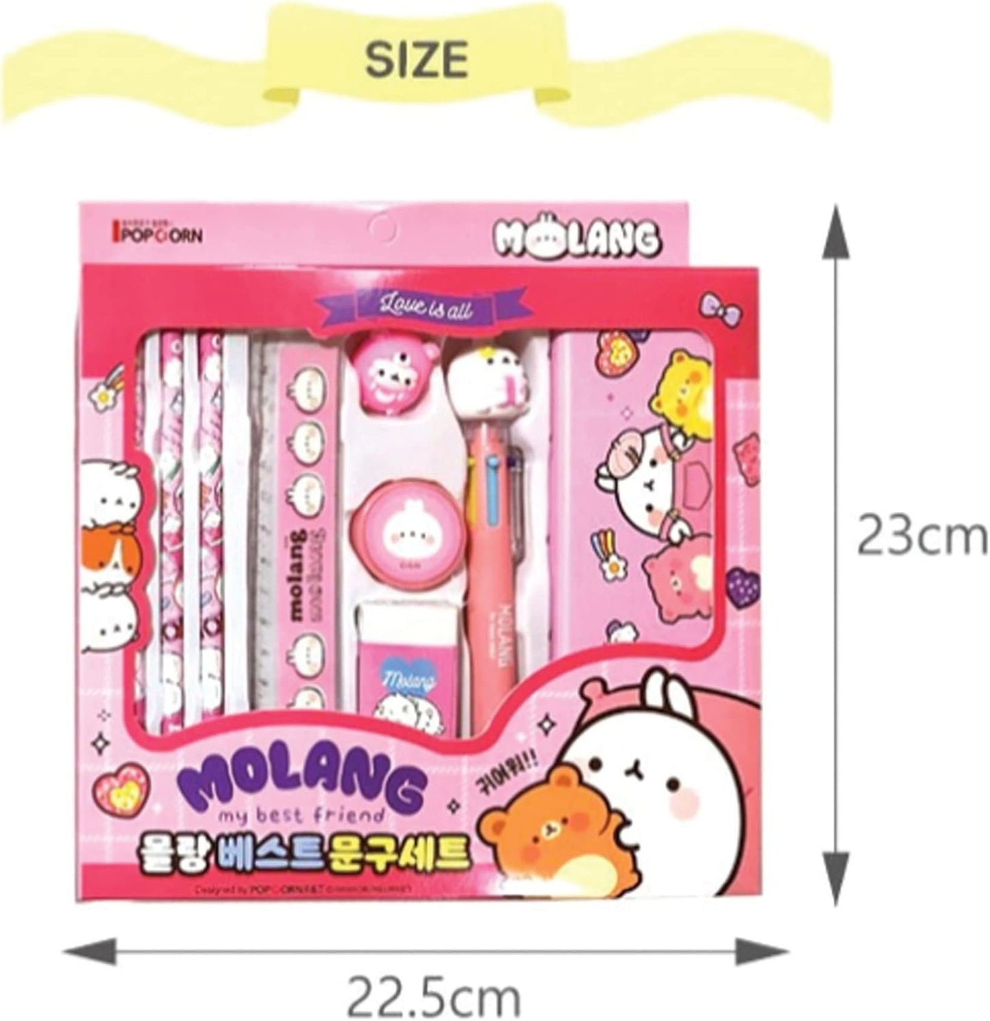 Molang Best School Stationery Set - Kawaii Korean Kit (Pencil 3pcs, Eraser, Sharpener, Case, 6-Color Ballpoint Pen, Figure, Ruler) - Complete Supplies for Students, Office, Art, Writing