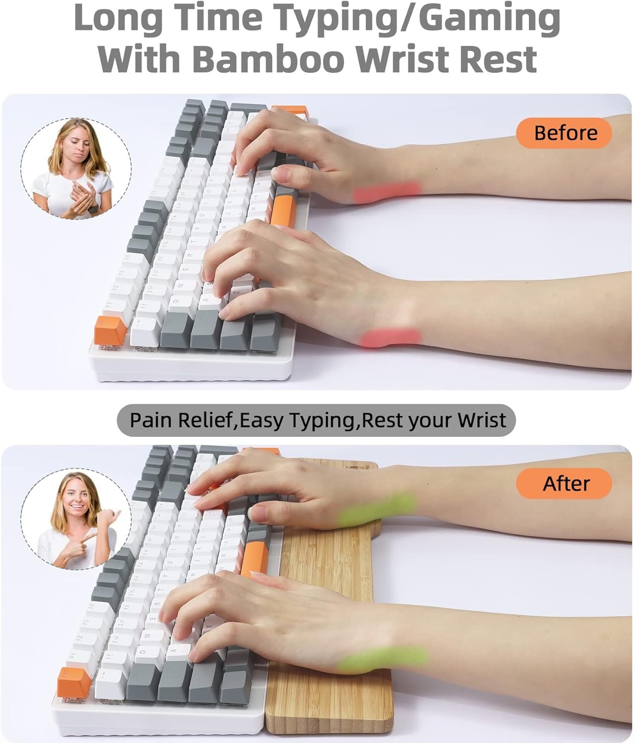 Bamboo Wrist Rest for Computer Keyboard, Ergonomic Mechanical Keyboard Wrist Pad, Hard Wrist Rest for Easy Typing Pain Relief, Anti-Slip Keyboard Rest for Laptop/PC Gaming/Mac (Full Size)