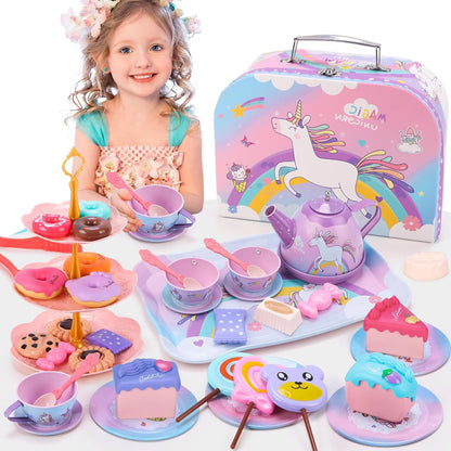 REMOKING Unicorn Toys for Girls,48 PCS Kids Tea Set for Kids,Pretend Toy with Play Desserts,Tin Teapot,Educational Play Food Princess Toy Gift,Toddler Toys for 3-7 Year Old Girls Boys