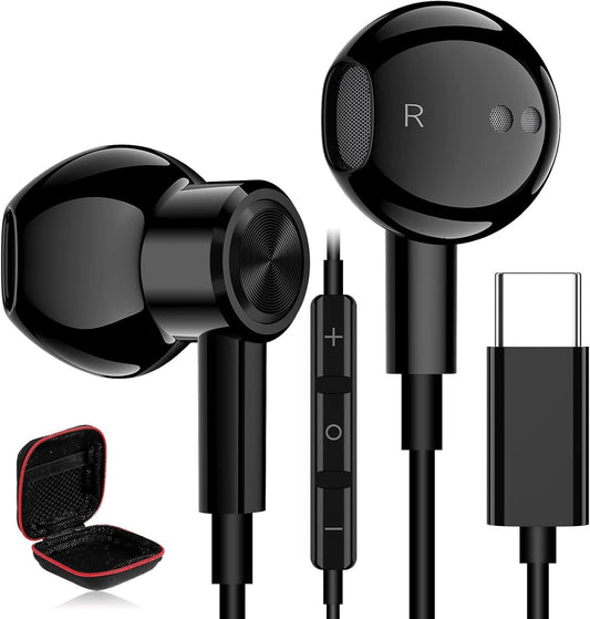Wired Earbuds USB C Headphones for Apple iPhone 16 Pro Max 16e 15 Plus Google Pixel 9 8, Half in Ear Buds Type C Corded Earphones with Microphone for Samsung Galaxy S25 S24 S23 S22 S21 OnePlus Black