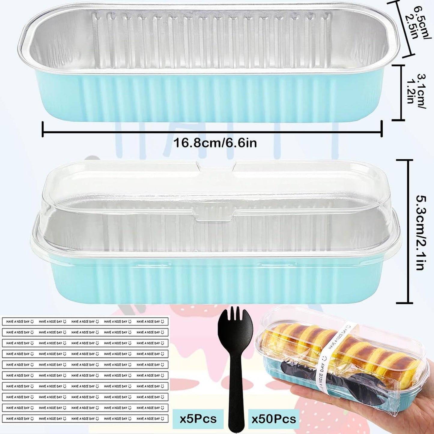 50 Pack Mini Loaf Pans with Lids and Spoons, 6.8 Oz Mini Cake Pans with Lids for Baking, Disposable Rectangle Aluminum Foil Loaf Pan with Stickers，Small Cake Containers Tin（Blue）