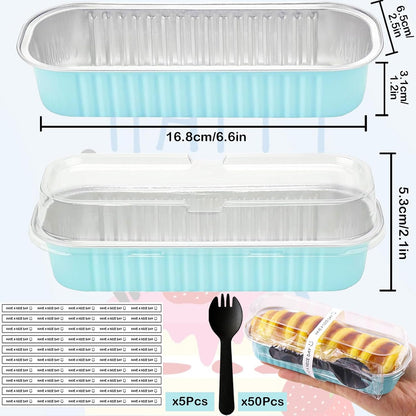 50 Pack Mini Loaf Pans with Lids and Spoons, 6.8 Oz Mini Cake Pans with Lids for Baking, Disposable Rectangle Aluminum Foil Loaf Pan with Stickers，Small Cake Containers Tin（Blue）