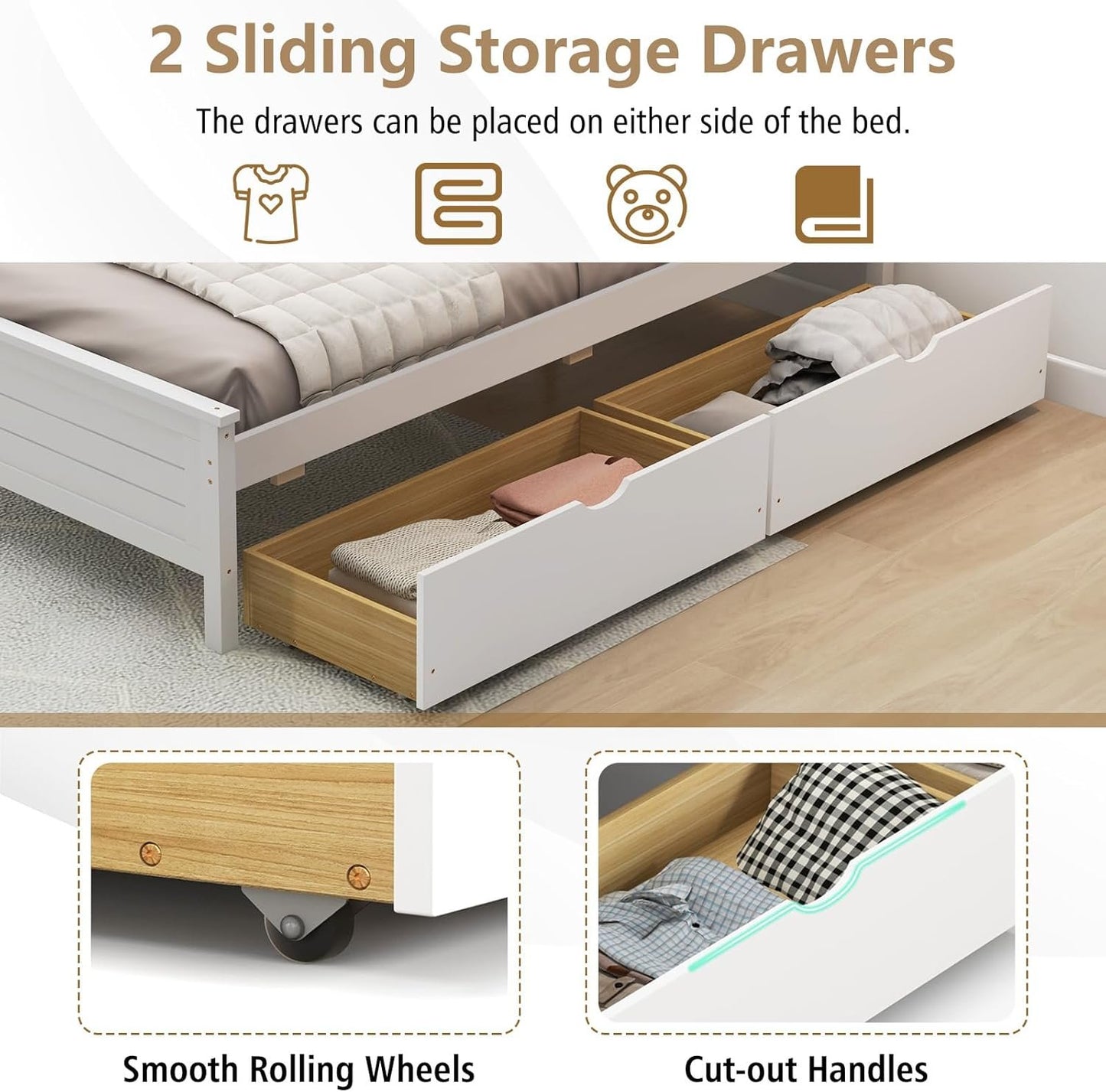 KOMFOTT Full Size Wood Bed Frame with 2 Storage Drawers, Mid Century Platform Bed Frame with Headboard, Sturdy Wooden Slats Support, Modern Mattress Foundation, No Box Spring Required, Easy Assembly