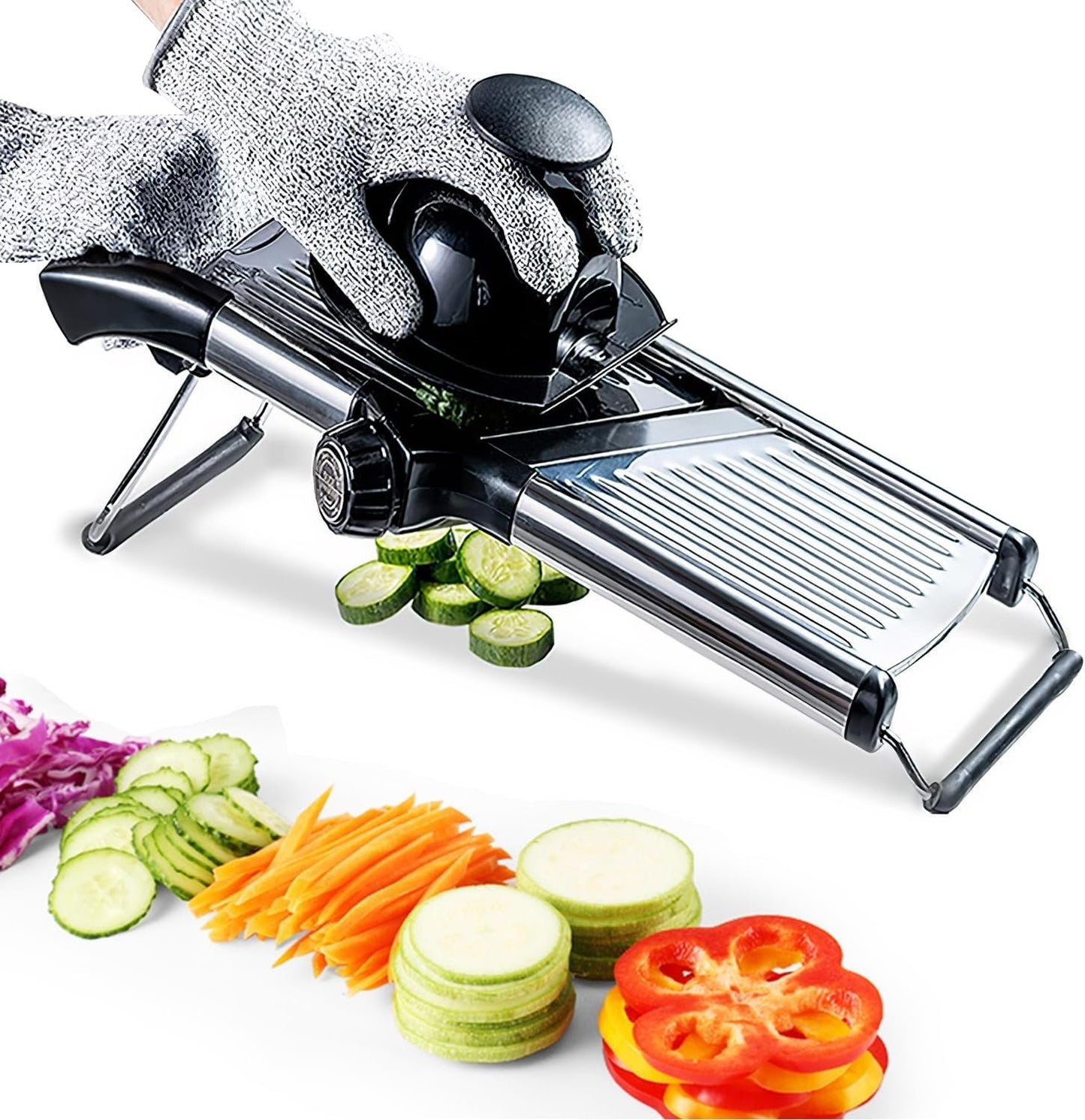 Versatile Adjustable Mandoline Slicer - Kitchen Tool for Easy Food Prep - Stainless Steel Vegetable Slicer for Cheese, Carrots, Potatoes, and More - Includes Blade Guard & Cut Resistant Gloves