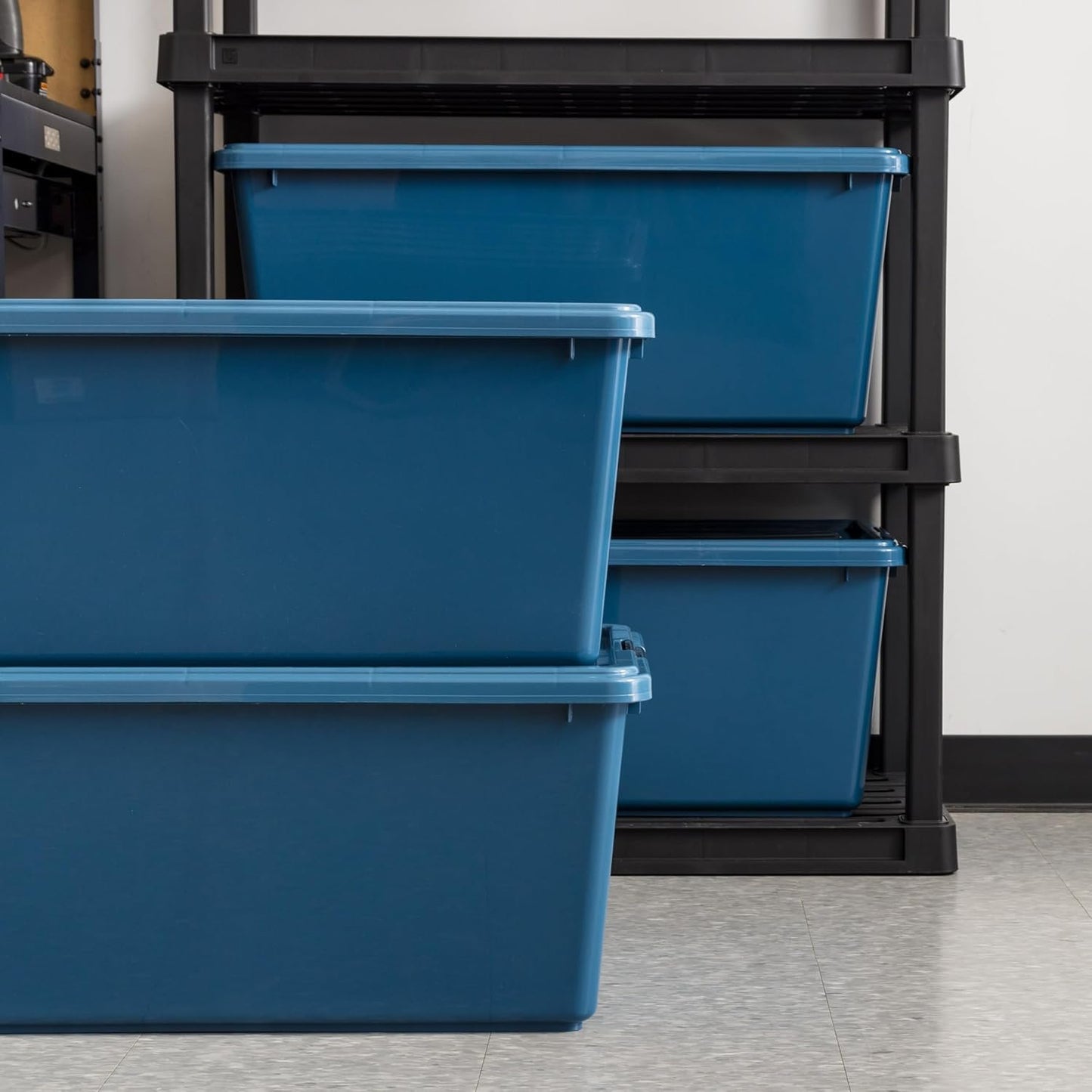 IRIS USA 86.1L Stackable Plastic Storage Bins with Lids and Latch Buckles, 4 Pack - Navy, Large Containers for Home Office Organization