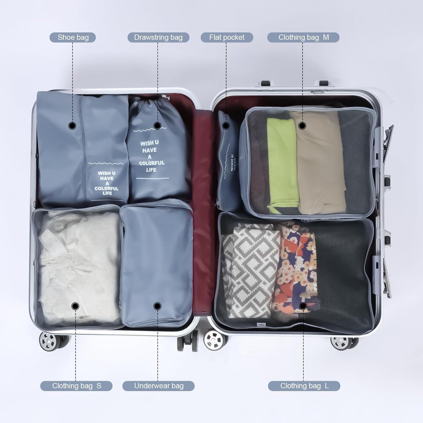 Set of 7 Packing Cubes - Suitcase Organizer - Suitcase Organizer - Waterproof Travel Bags, Luggage Organization System for Suitcases and Backpacks Ideal for Holidays and Travel (Grey)