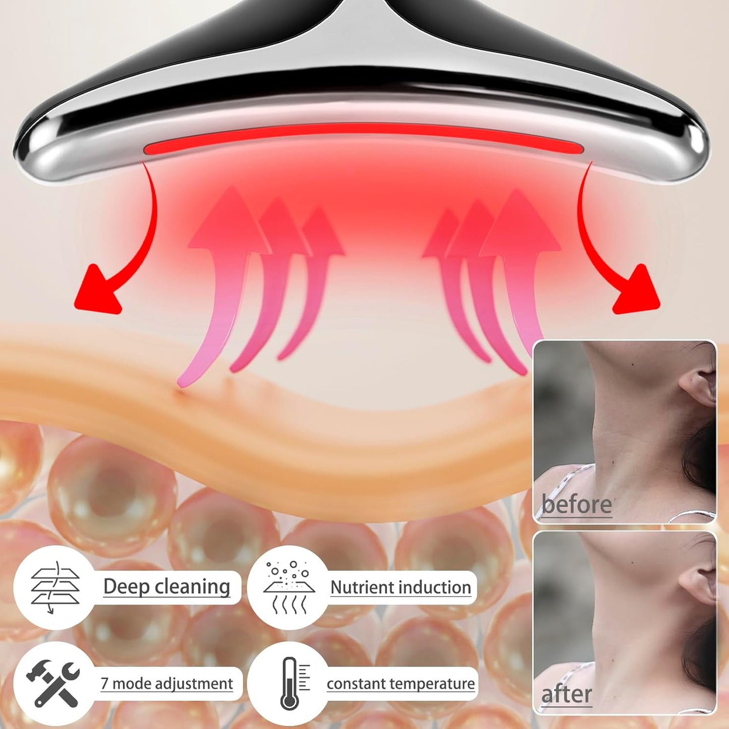 Face Neck Beauty Device, 7 Color Led Face Neck Massager,Multifunctional Facial Skin Care Tool, Ideal for Home Skin Care (Black)