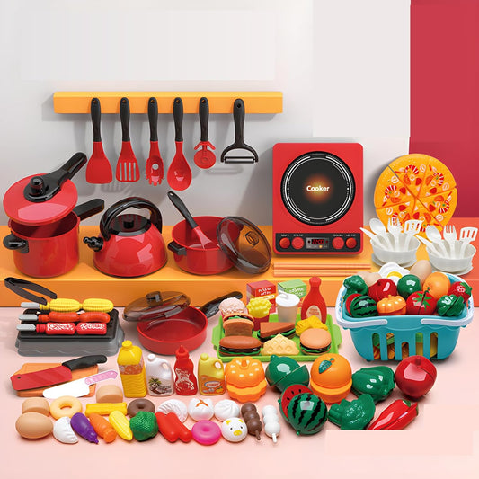 AmpEase 90-Piece Kitchen Toys Play Food Set, Cutting Toys with Basket, Home Playset, Simulate Cooking Rice, Stir-Frying, and Cutting Fruits with Realistic Kitchen Utensils