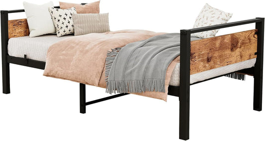 VERFARM Metal Twin Size Bed Frames with Vintage Wood Headboard, Heavy Duty Metal Platform Daybed Bed Frames with Steel Slats Platform Furniture, No Box Spring Needed, Sofa Bed Twin, Brown