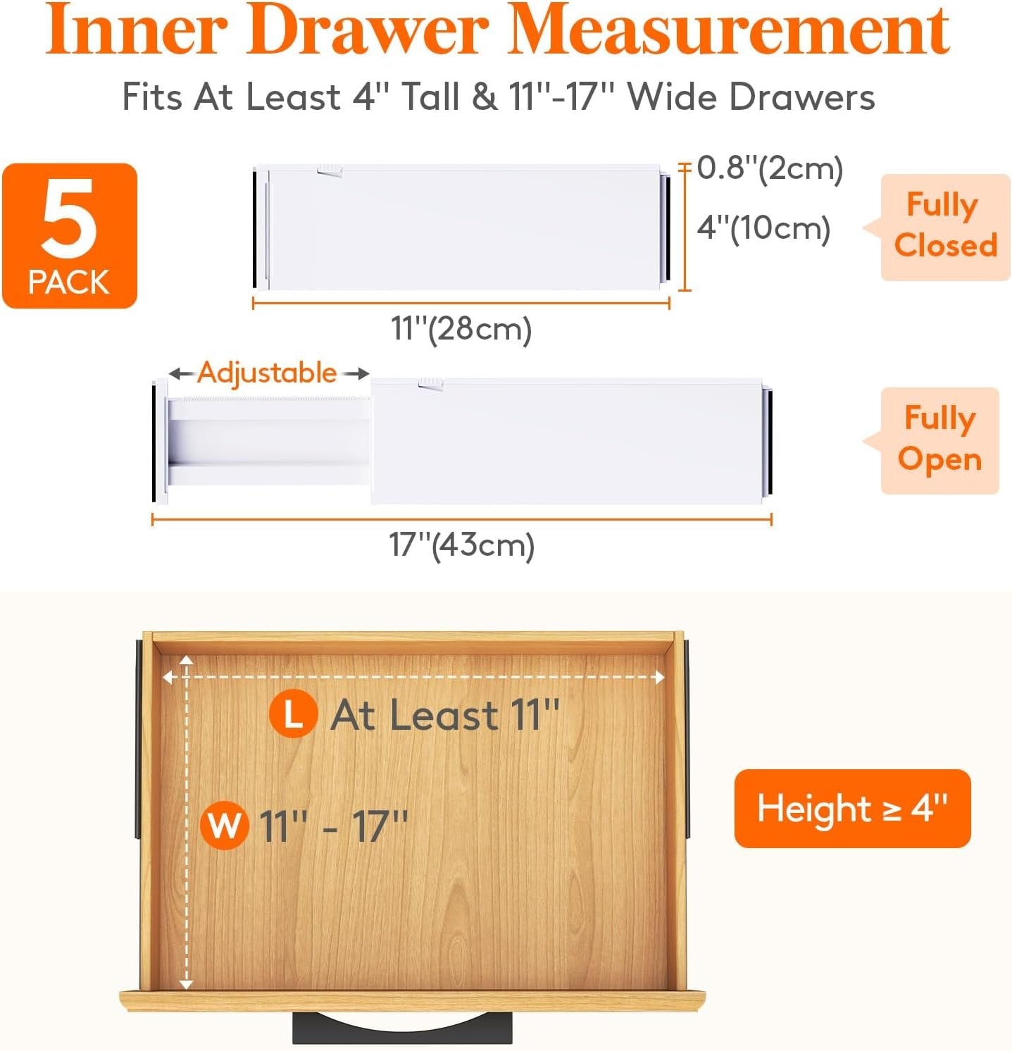 Lifewit 5 Pack Drawer Dividers Plastic 4" High, 11-17" Adjustable Closet Vanity Drawer Organizers for Clothes, Expandable Dresser Separators in Home Bedroom/Bathroom/Kitchen Organization and Storage