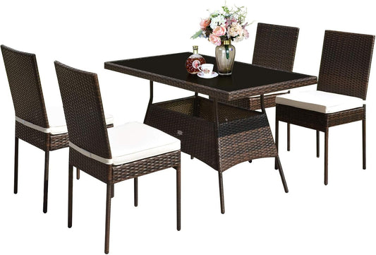 Tangkula 5 Piece Patio Wicker Dining Set, Outdoor Rattan Table and Chairs with w/Tempered Glass Table Top & Padded Cushions, Wicker Patio Conversation Furniture Set for Balcony Patio Garden Poolside