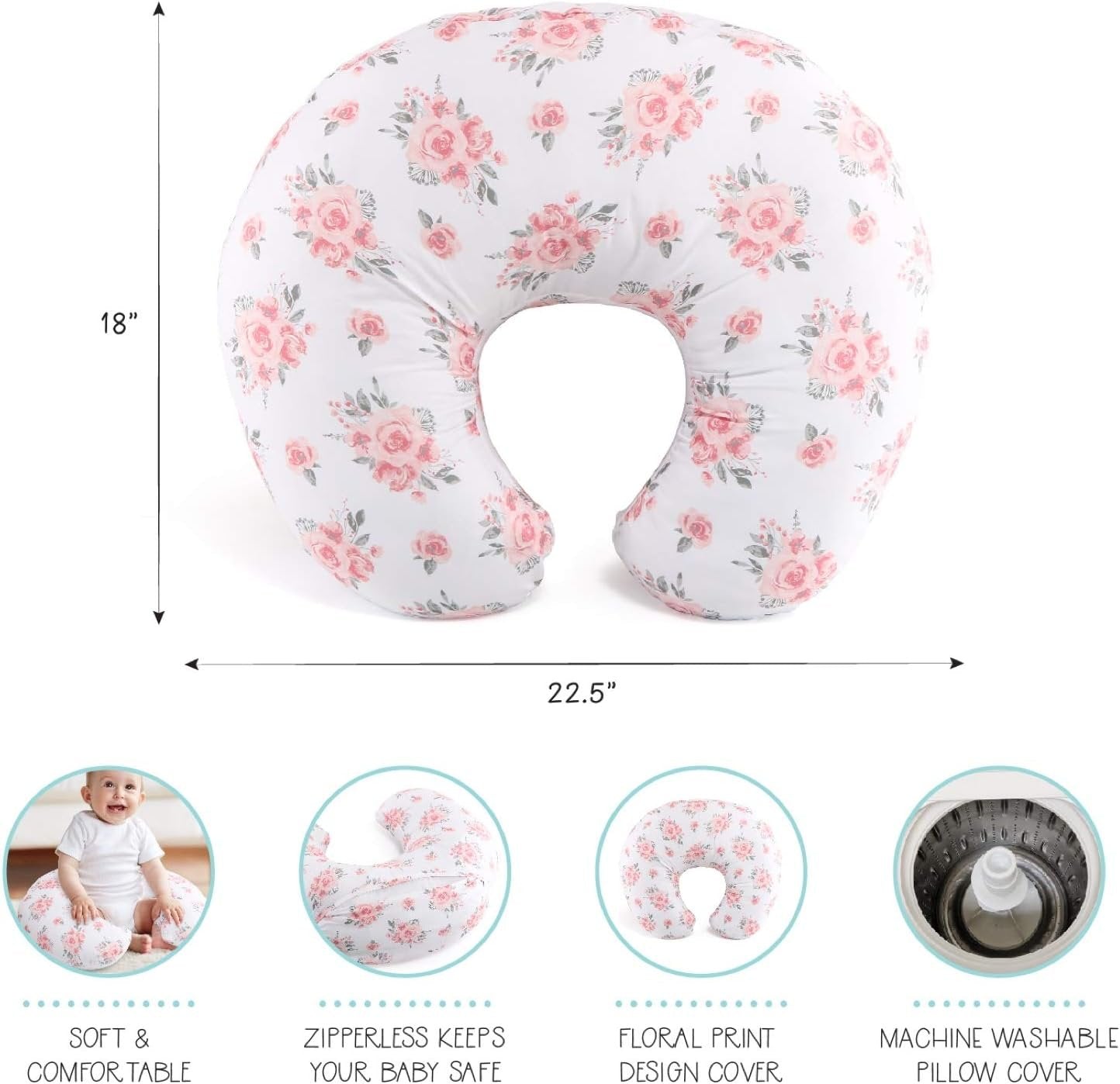 The Peanutshell Nursing Pillow & Cover - Soft Newborn Nursing Baby Girl Pillow Covers, Supportive & Comfortable Breastfeeding, Tummy Time Baby Essentials - Pink Floral