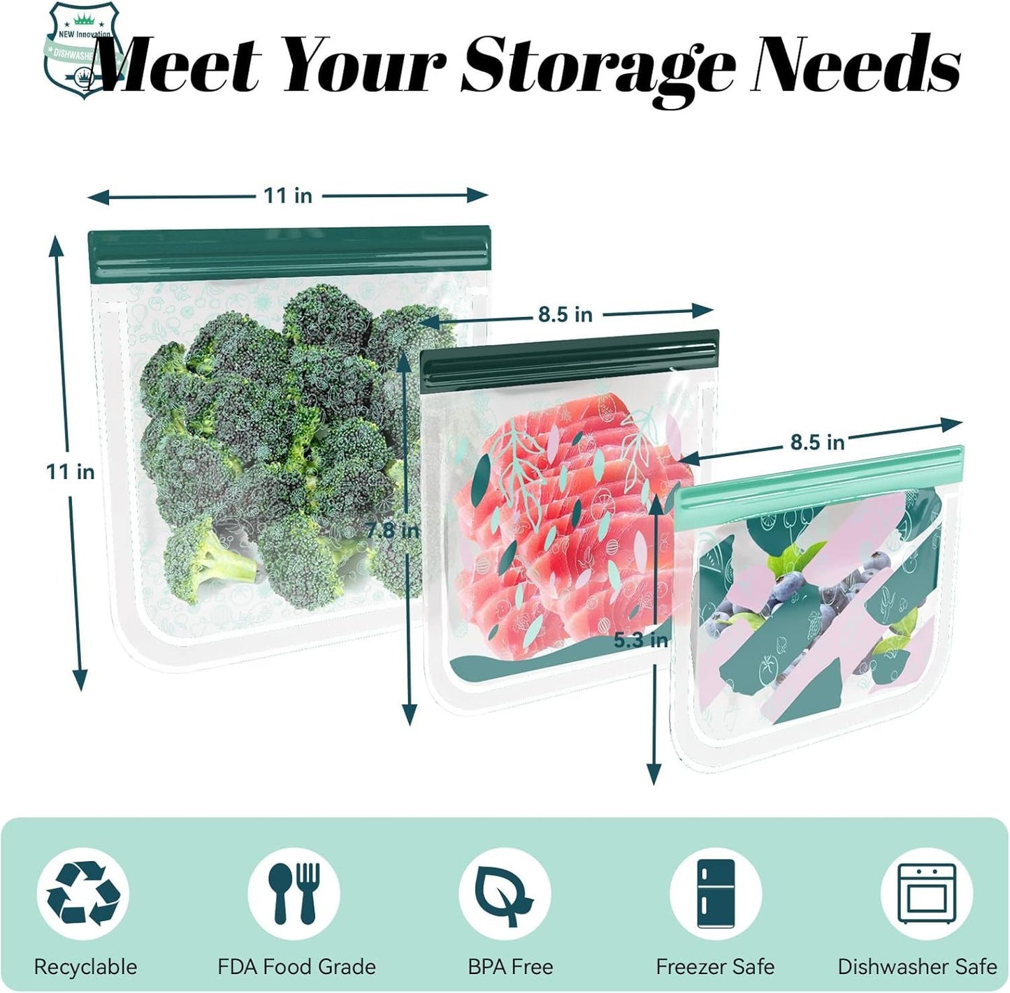 8-Pack Reusable Freezer Bags Silicone, Reusable Sandwich Bags and Reusable Snack Bags for Kids Travel/Home Organization, Reusable Food Storage Bags/BPA Free