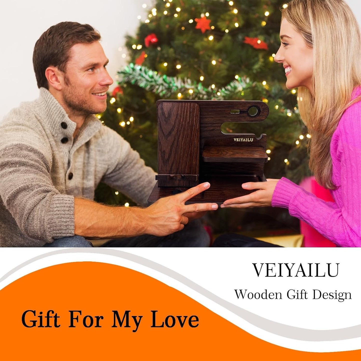 VEIYAILU Gifts for Men Women Brother Boss Boyfriend Him Nightstand Organizer Gifts for Dad from Daughter Son Wood Phone Docking Station (Dark Brown)