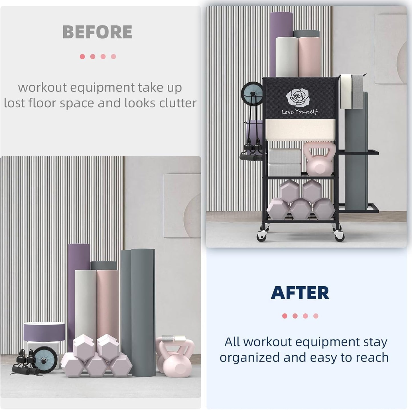 Yoga Mat Storage Rack, Home Gym Equipment Organizer on Wheels - Fitness Weight Rack for Mats, Blocks, Foam Rollers, Resistance Bands, Dumbbells, Kettlebells and More