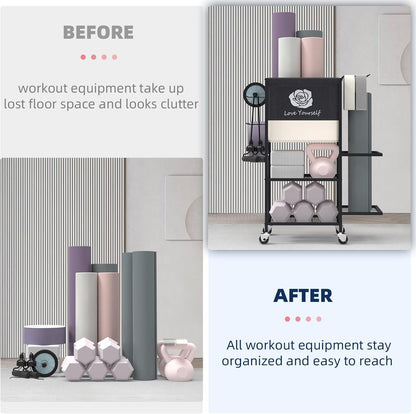 Yoga Mat Storage Rack, Home Gym Equipment Organizer on Wheels - Fitness Weight Rack for Mats, Blocks, Foam Rollers, Resistance Bands, Dumbbells, Kettlebells and More