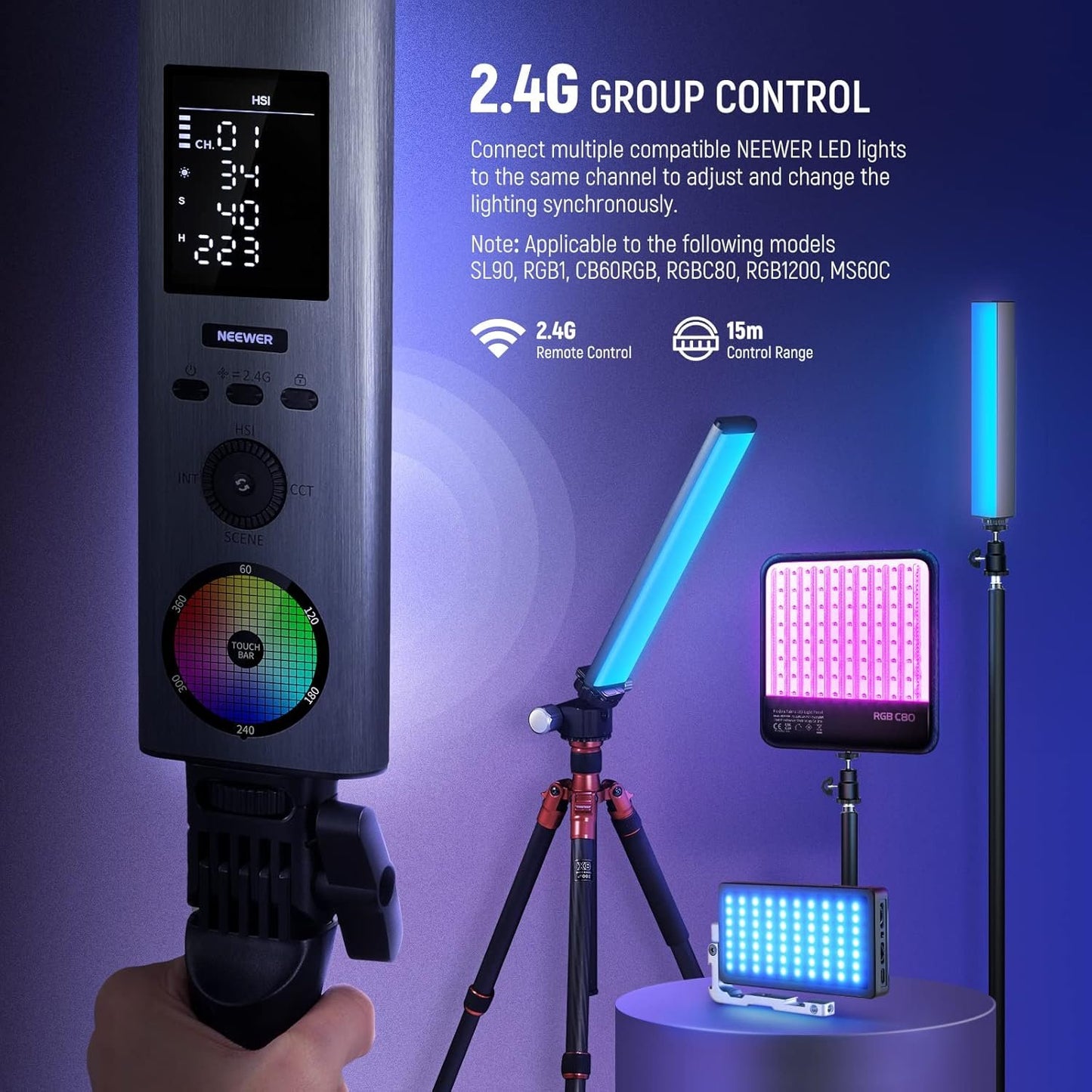 NEEWER RGB Light Wand with 2.4G/APP Control, Upgraded 360Â° Touchable RGBWW Hue Mixer Photography Handheld LED Video Lighting Stick with 2500K-10000K, CRI/TLCI97+, 18 Scenes, 7.4V/31Wh Battery, BH-30S