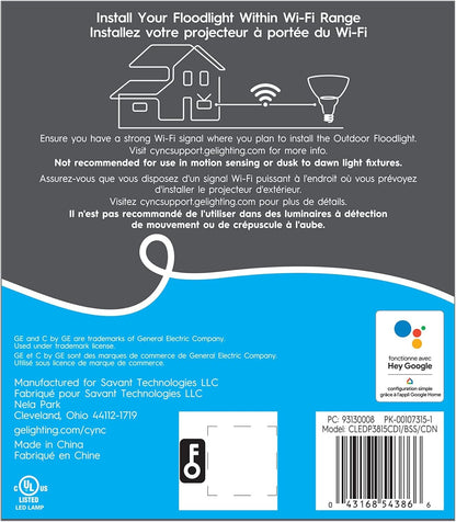 GE CYNC Outdoor Smart Bulb PAR38 Full Color 90W Replacement, Bluetooth/Wi-Fi Enabled, Works with Alexa, Google Assistant Without Hub