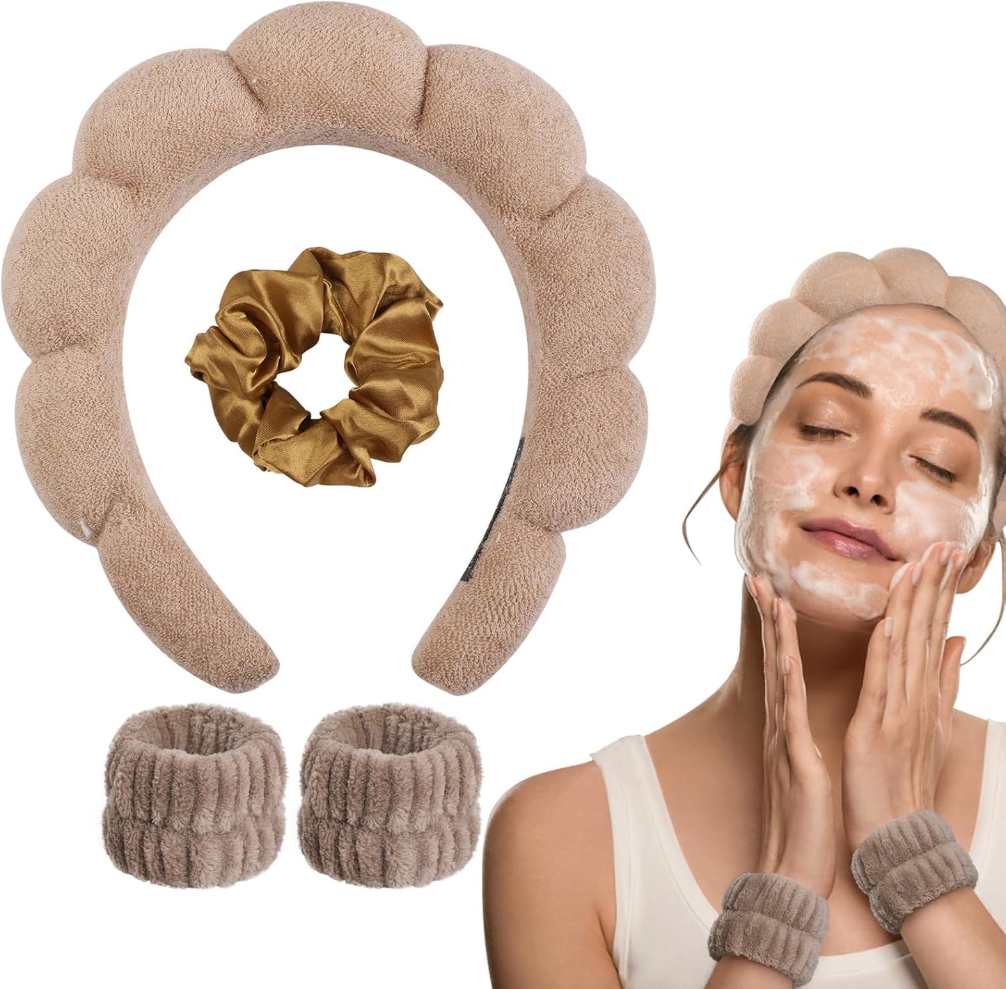 WD&CD Spa Makeup Headband Set, Headband Skincare Headband for Woman, Face Wash Wristband and Scrunchies For Hair, Brown