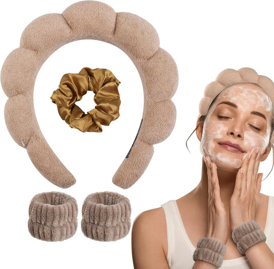 WD&CD Spa Makeup Headband Set, Headband Skincare Headband for Woman, Face Wash Wristband and Scrunchies For Hair, Brown
