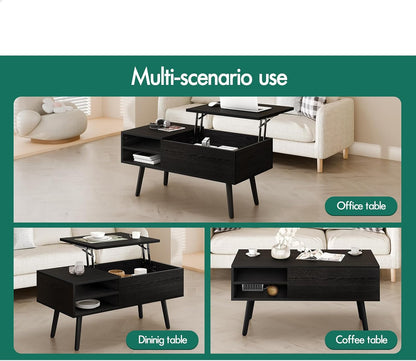 ALFORDSON Lift Tabletop Coffee Table Center Table Black Color, Living Room Office Reception Dining Table with Rising Top, Hidden Storage and Side Open Shelves